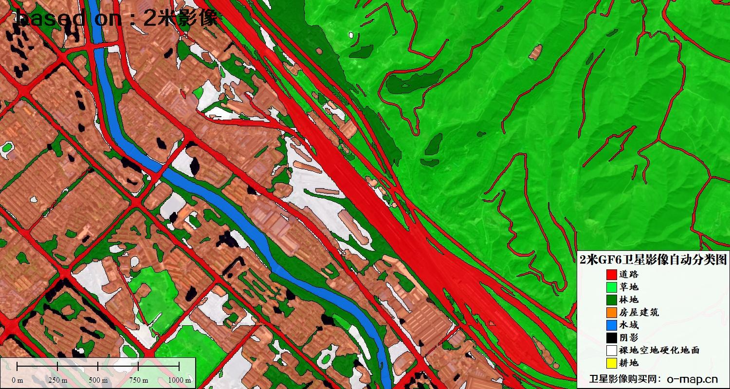 基于2米GF6卫星影像数据的土地利用自动分类图