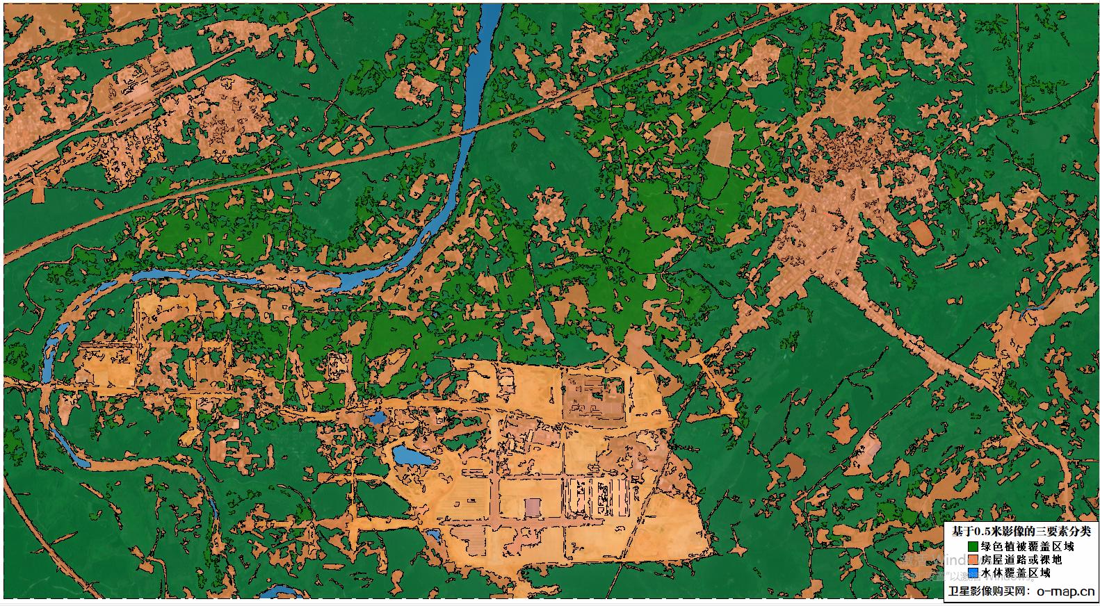 基于0.5米卫星影像的植被水体裸地三要素分类图
