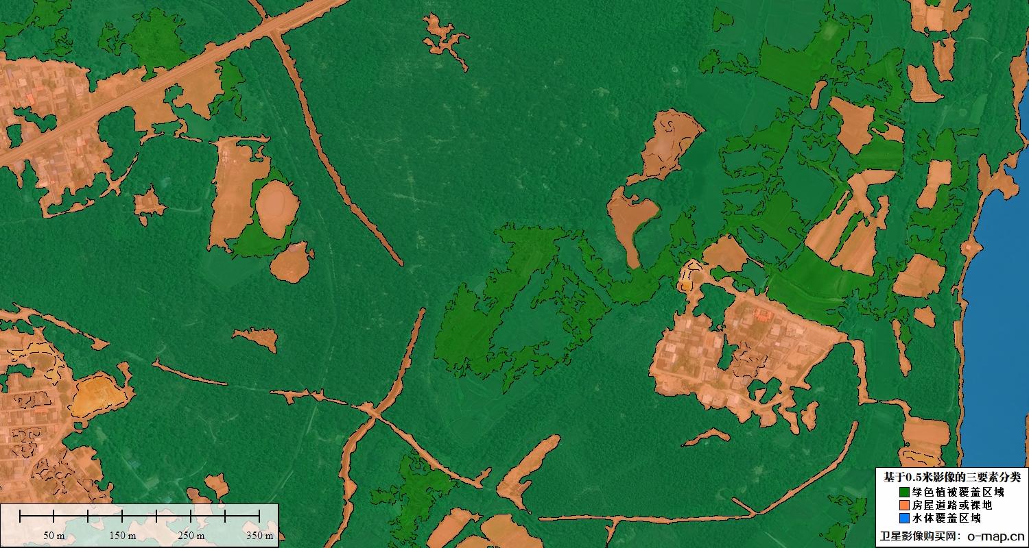 基于0.5米卫星影像的植被水体裸地三要素分类图