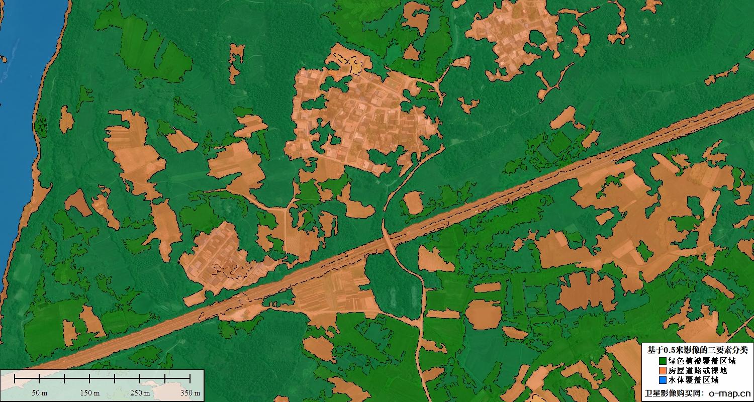 基于0.5米卫星影像的植被水体裸地三要素分类图