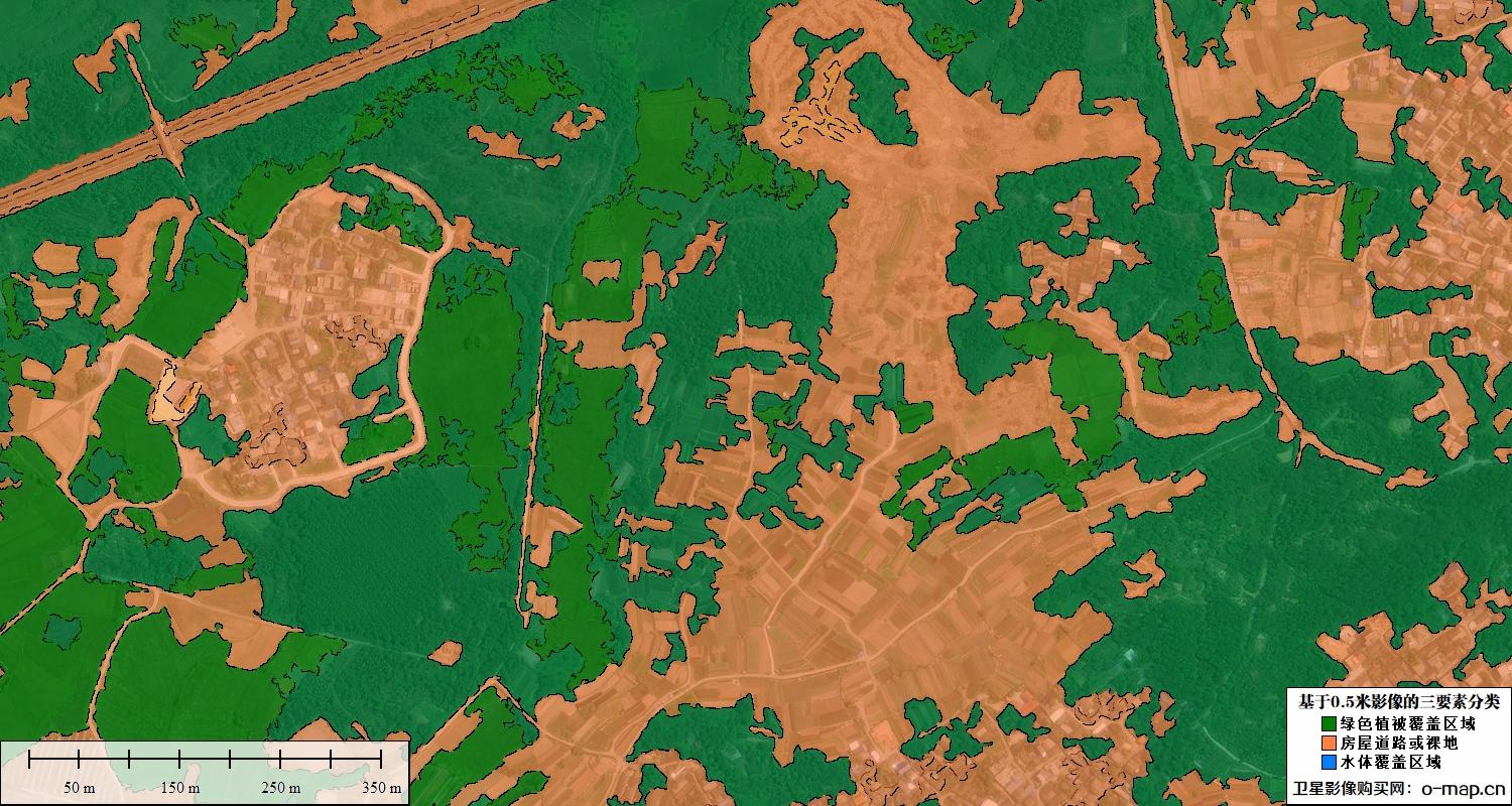 基于0.5米卫星影像的植被水体裸地三要素分类图