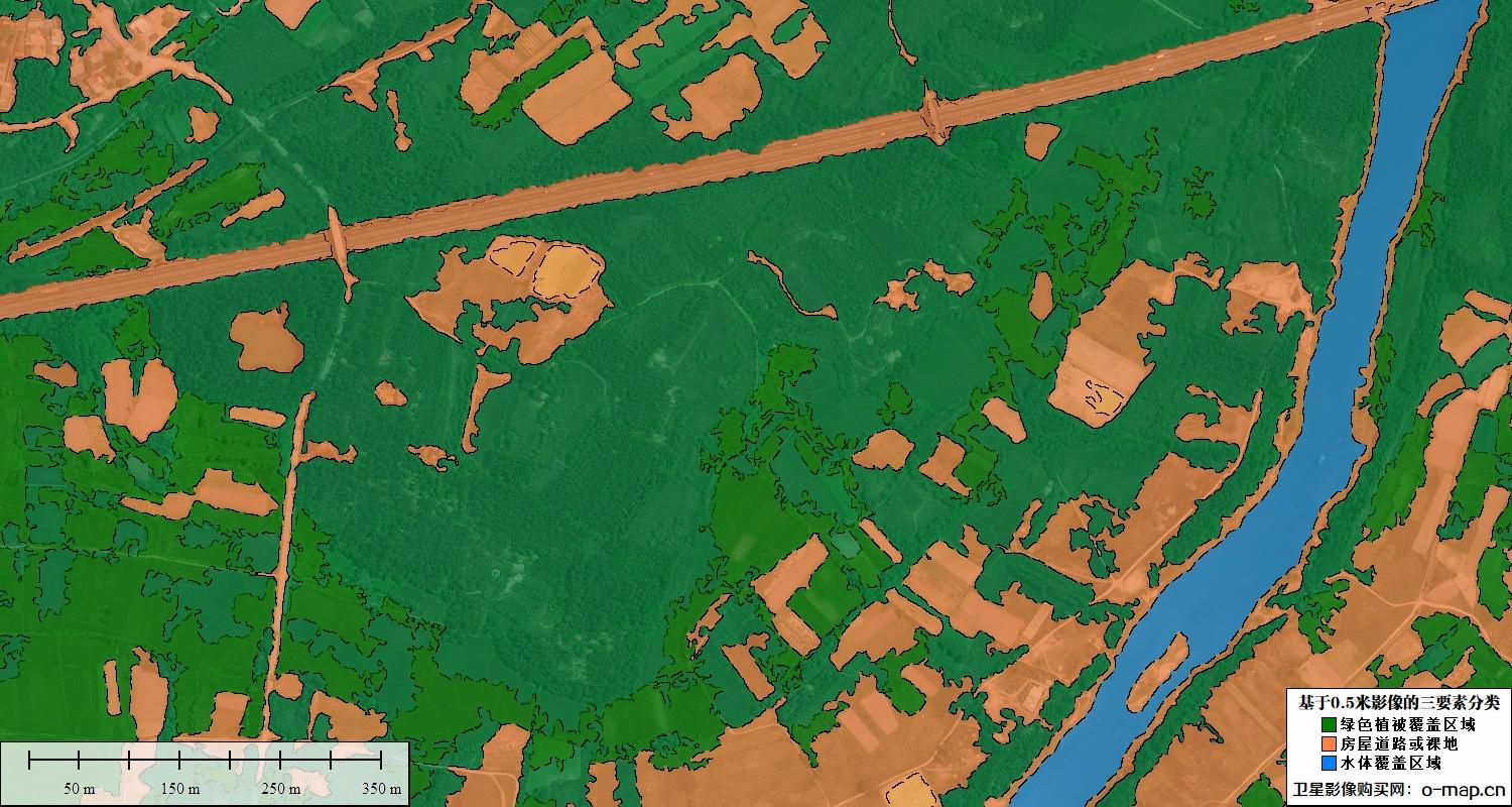基于0.5米卫星影像的植被水体裸地三要素分类图
