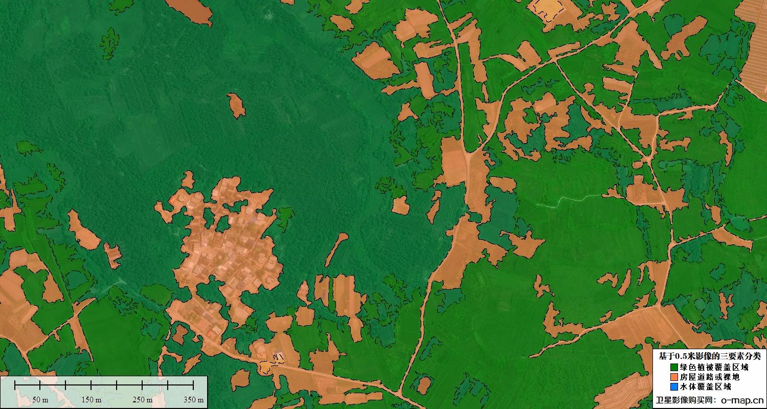 基于0.5米卫星影像的植被水体裸地三要素分类图