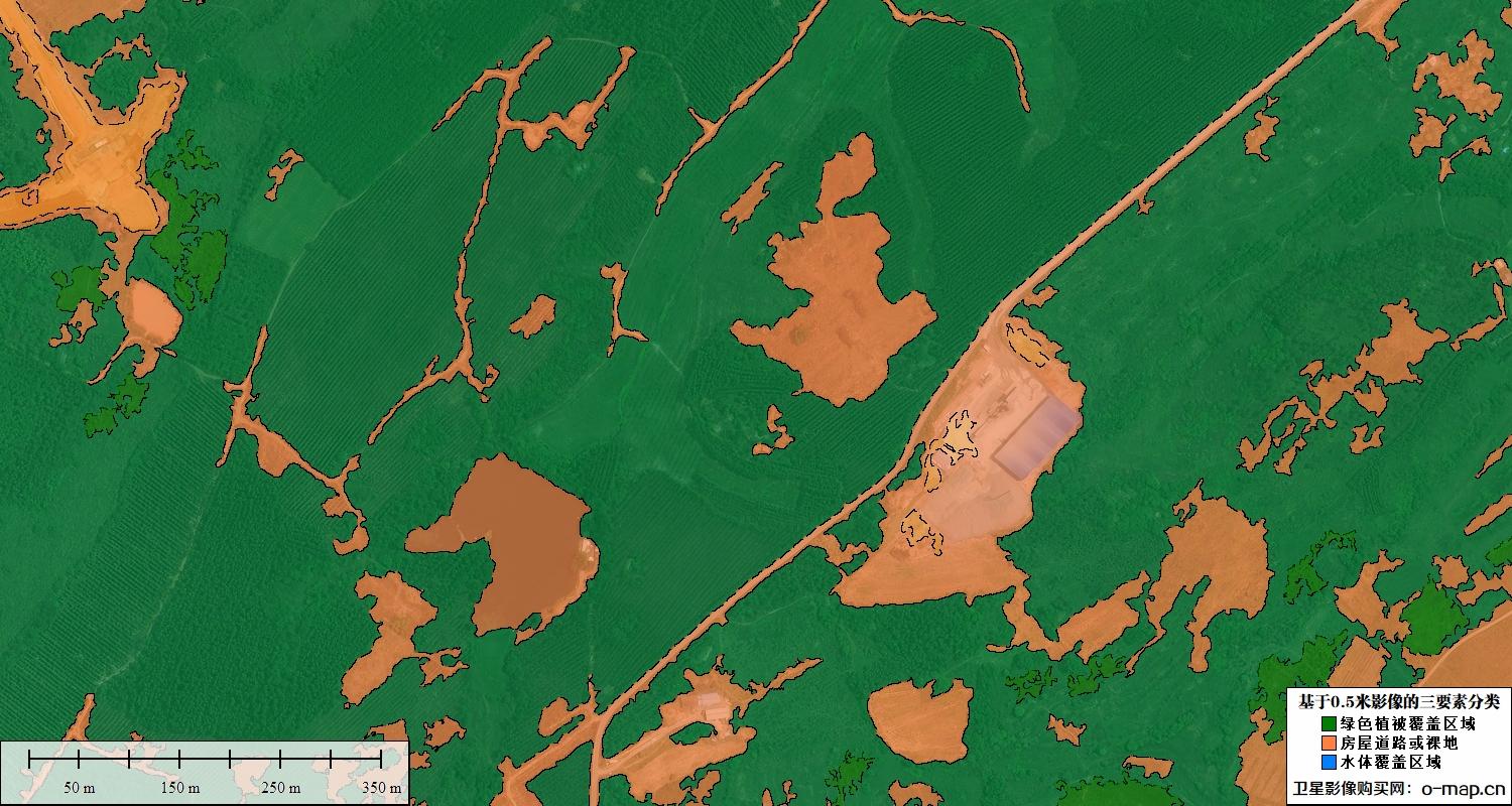基于0.5米卫星影像的植被水体裸地三要素分类图