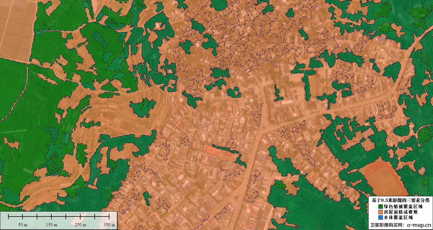 基于0.5米卫星影像的植被水体裸地三要素分类图