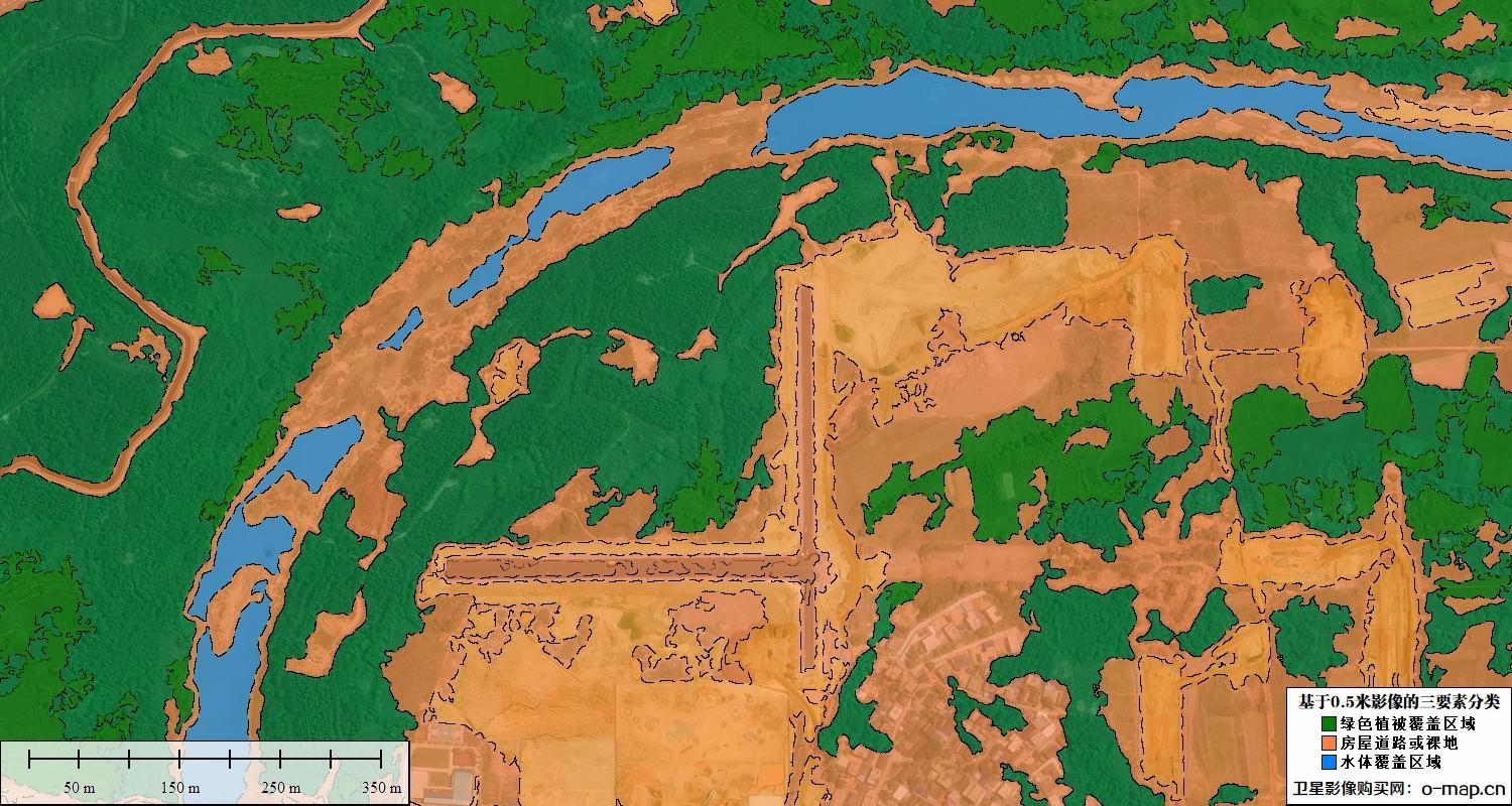 基于0.5米卫星影像的植被水体裸地三要素分类图