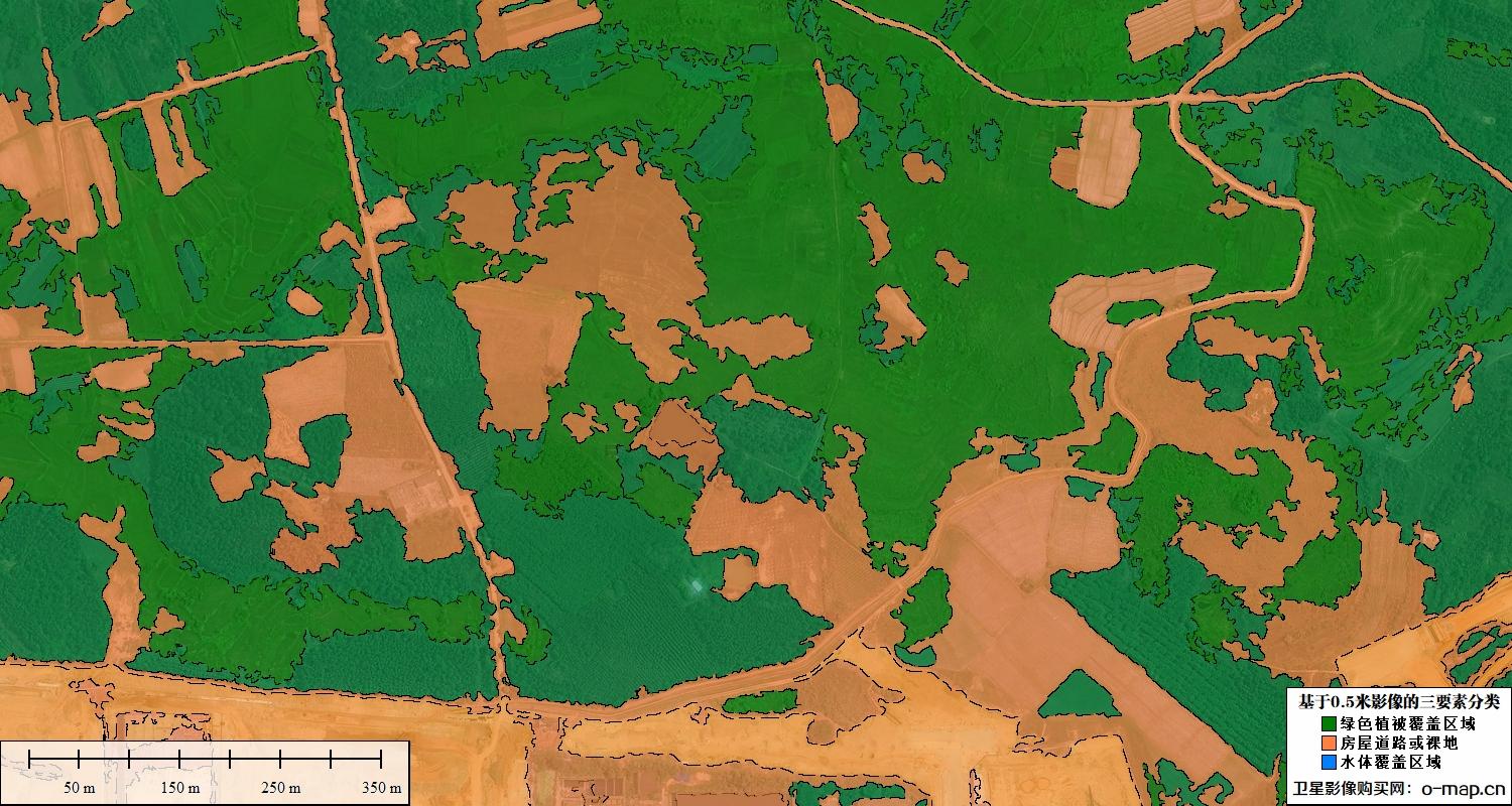 基于0.5米卫星影像的植被水体裸地三要素分类图