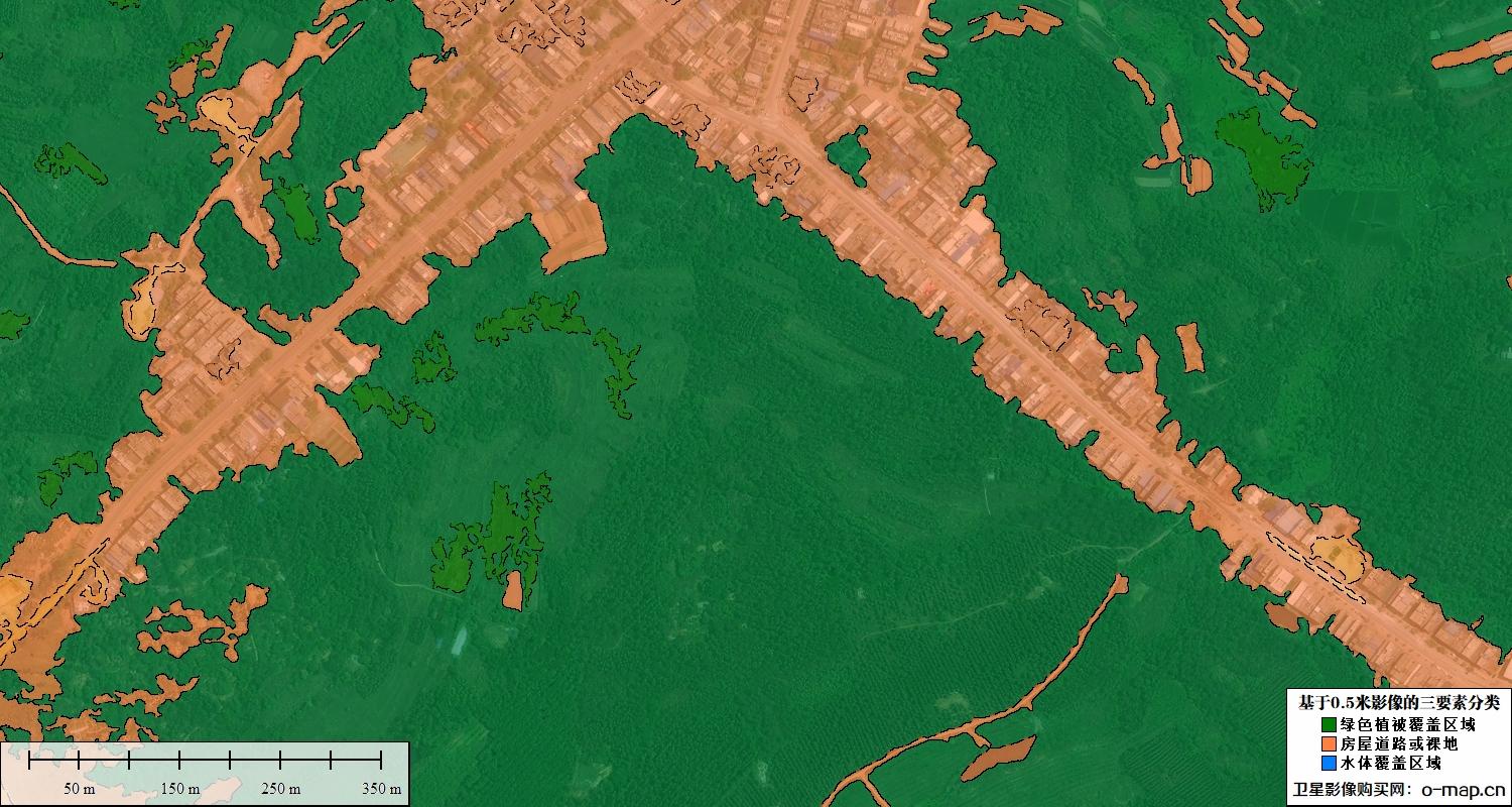 基于0.5米卫星影像的植被水体裸地三要素分类图