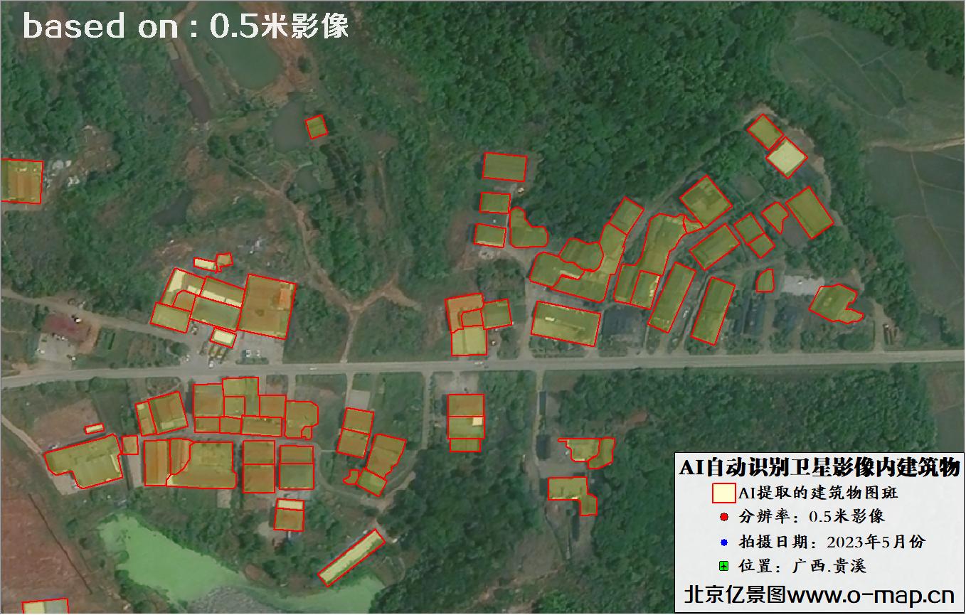 AI自动识别的卫星影像图中的房屋建筑物