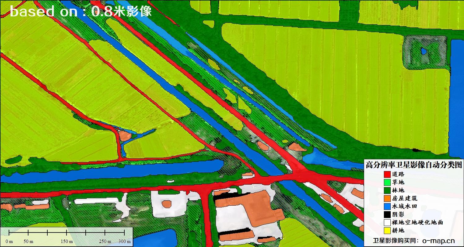 基于0.8米分辨率卫星影像数据实现的土地利用自动分类图