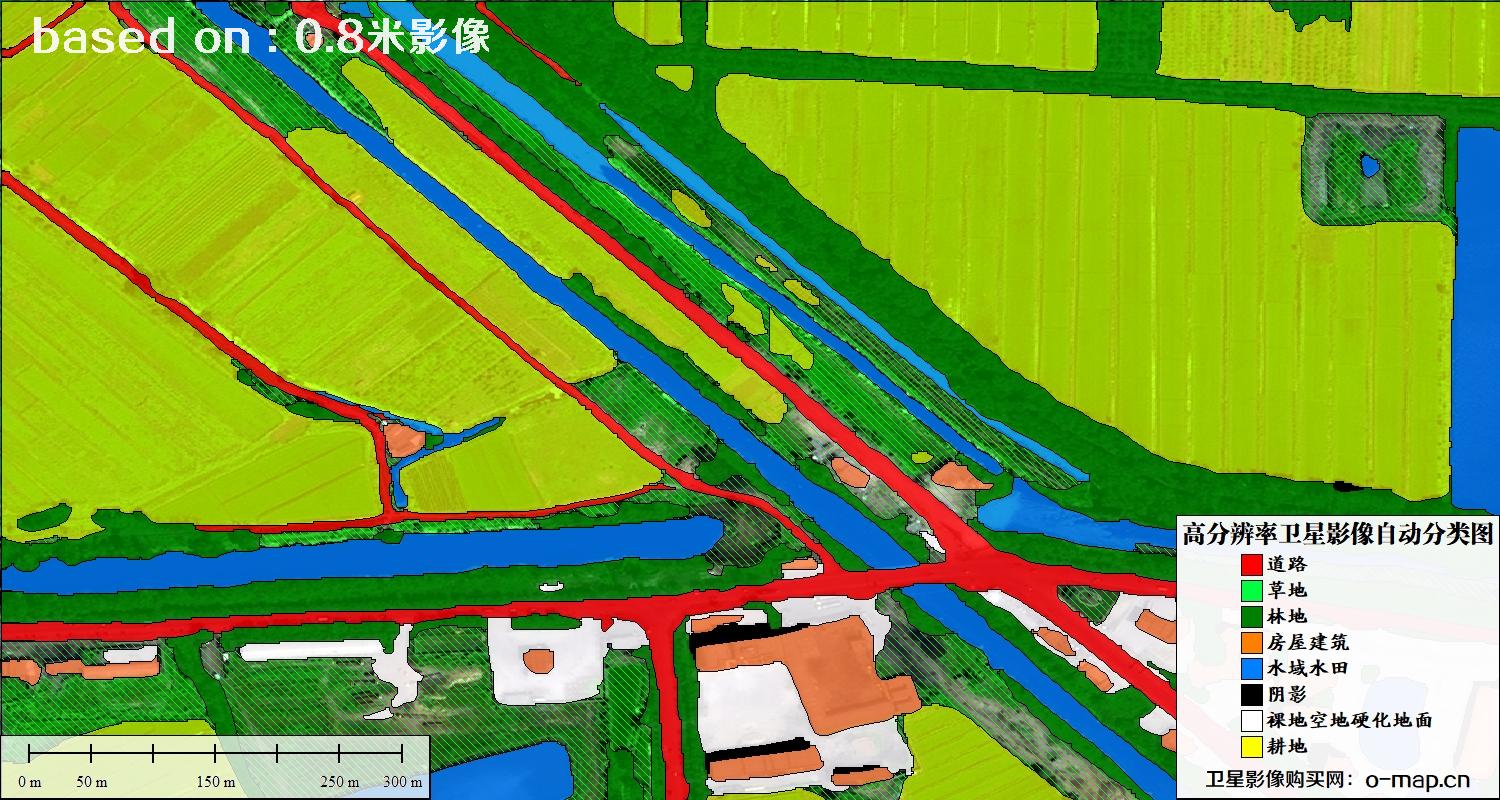 基于0.8米分辨率卫星影像数据实现的土地利用自动分类图