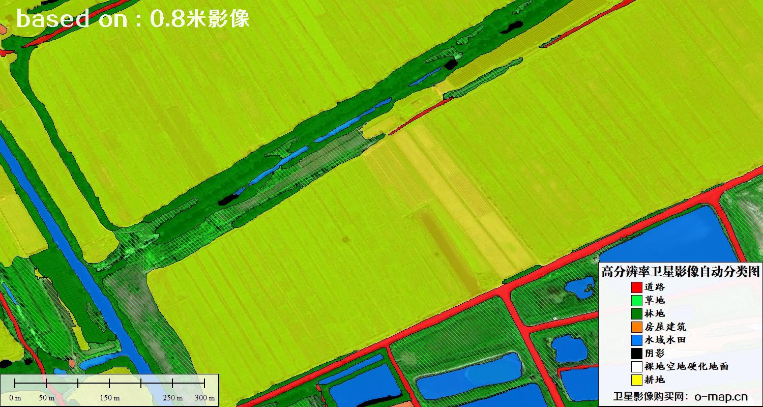 基于0.8米分辨率卫星影像数据实现的土地利用自动分类图