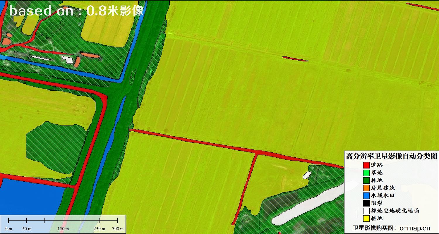 基于0.8米分辨率卫星影像数据实现的土地利用自动分类图