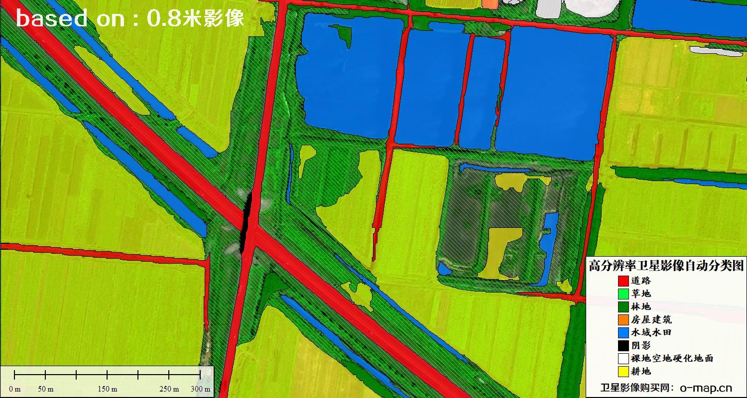 基于0.8米分辨率卫星影像数据实现的土地利用自动分类图