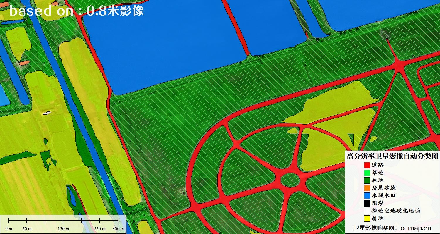 基于0.8米分辨率卫星影像数据实现的土地利用自动分类图