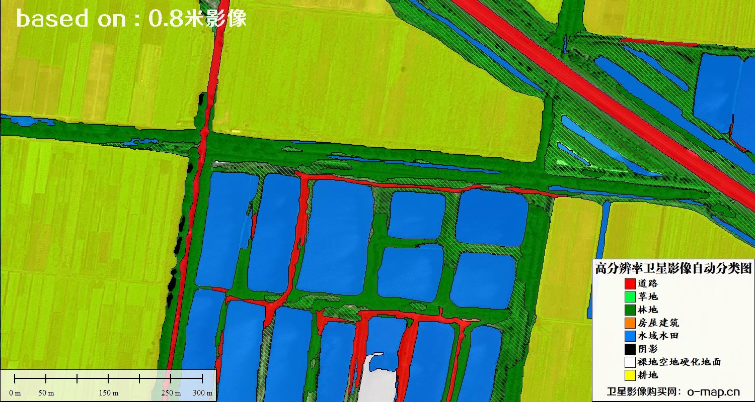 基于0.8米分辨率卫星影像数据实现的土地利用自动分类图