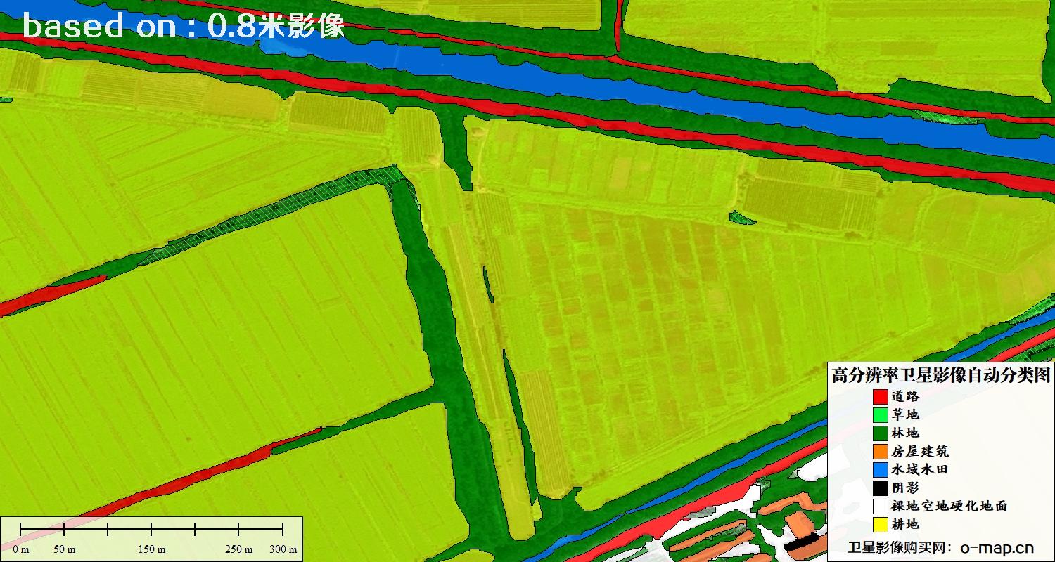 基于0.8米分辨率卫星影像数据实现的土地利用自动分类图