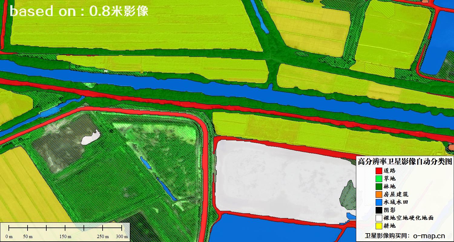 基于0.8米分辨率卫星影像数据实现的土地利用自动分类图