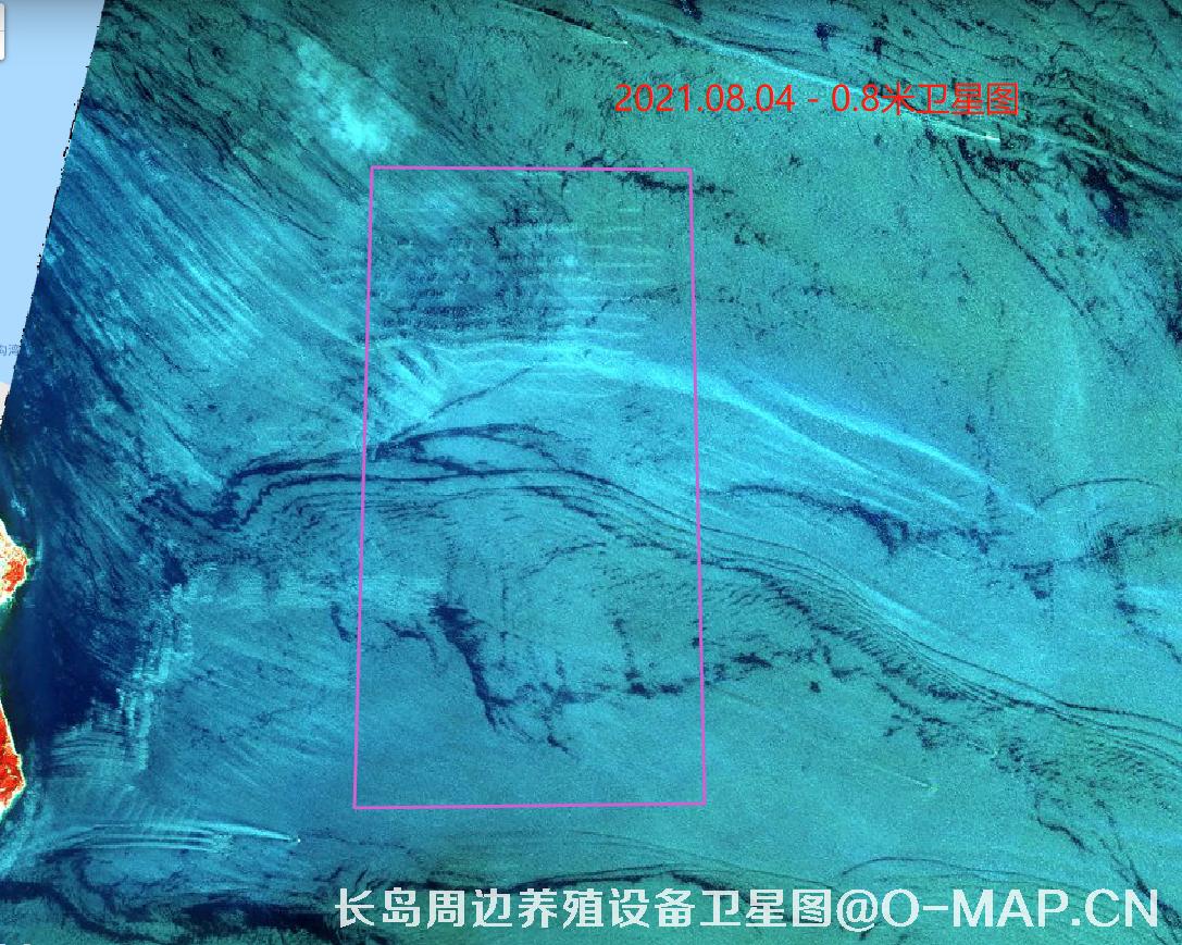 高分二号卫星2021年拍摄的山东省烟台市长岛海域海产养殖阀架0.8米卫星影像图