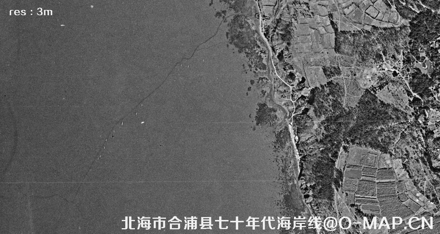 锁眼卫星七十年代拍摄的北海市合浦县海岸线历史卫星影像图片