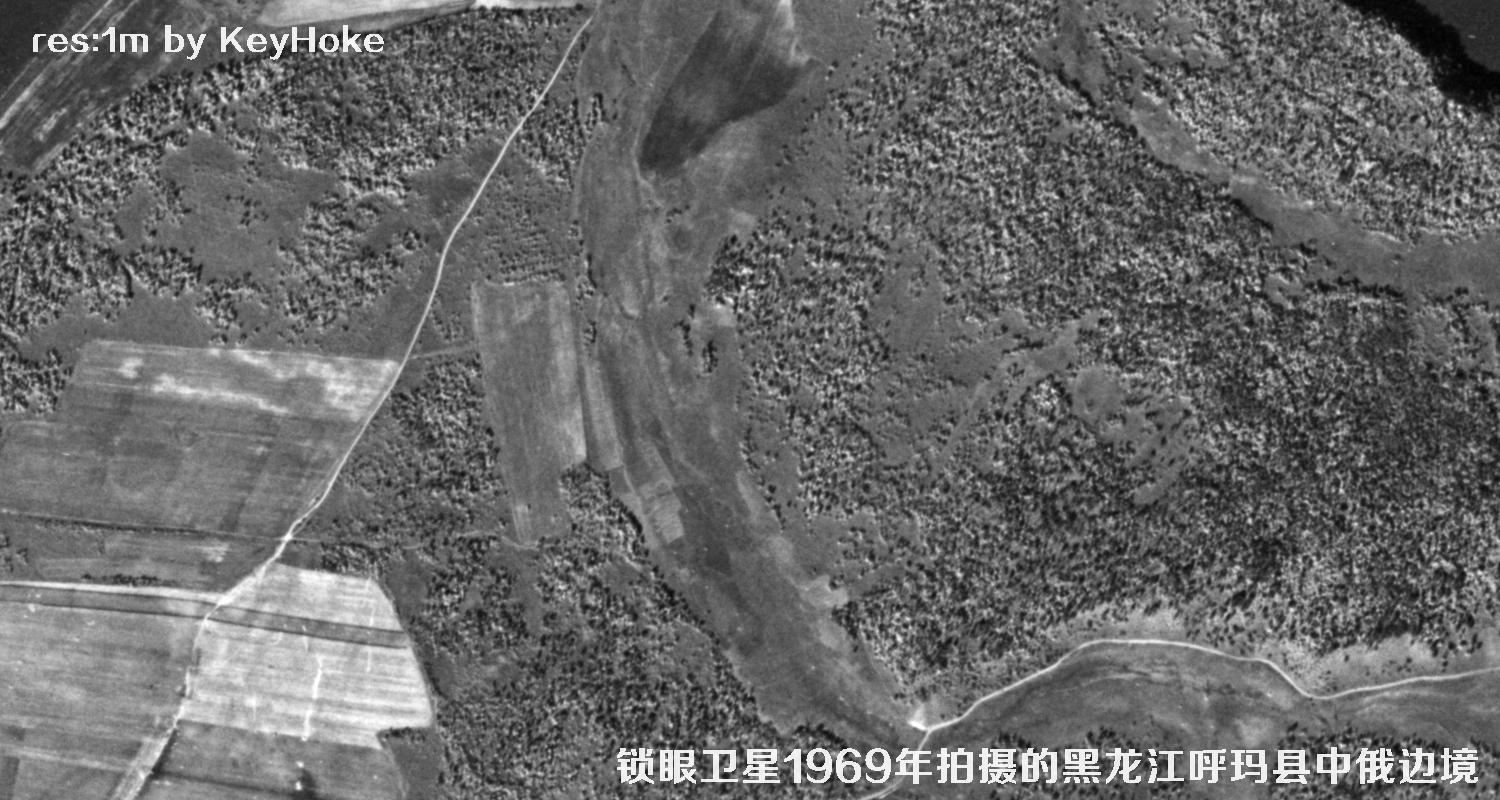 KeyHole锁眼卫星1969年拍摄的黑龙江呼玛县中俄边境卫星图片