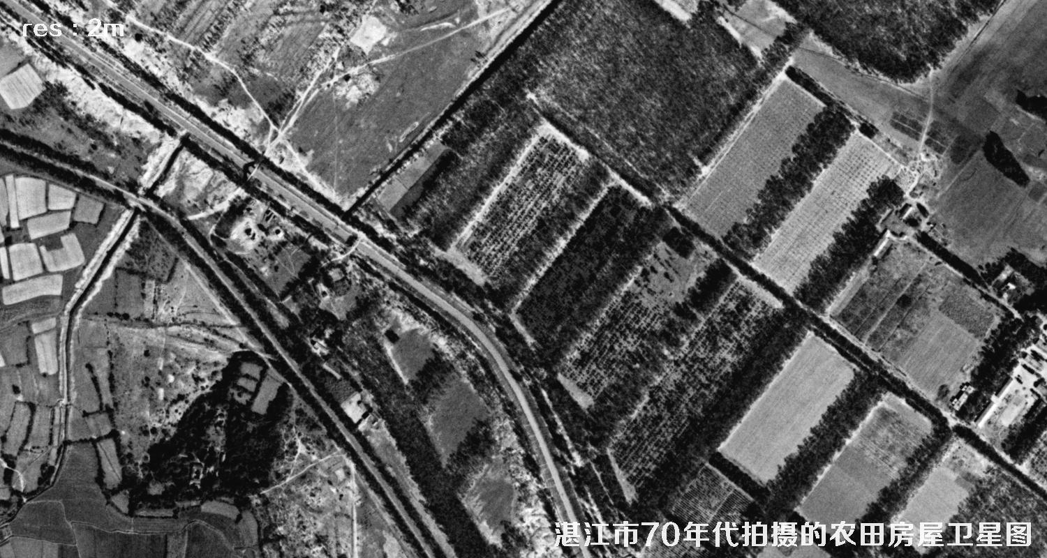 美国侦察卫星在70年代拍摄的湛江市房屋农田高清历史卫星图片