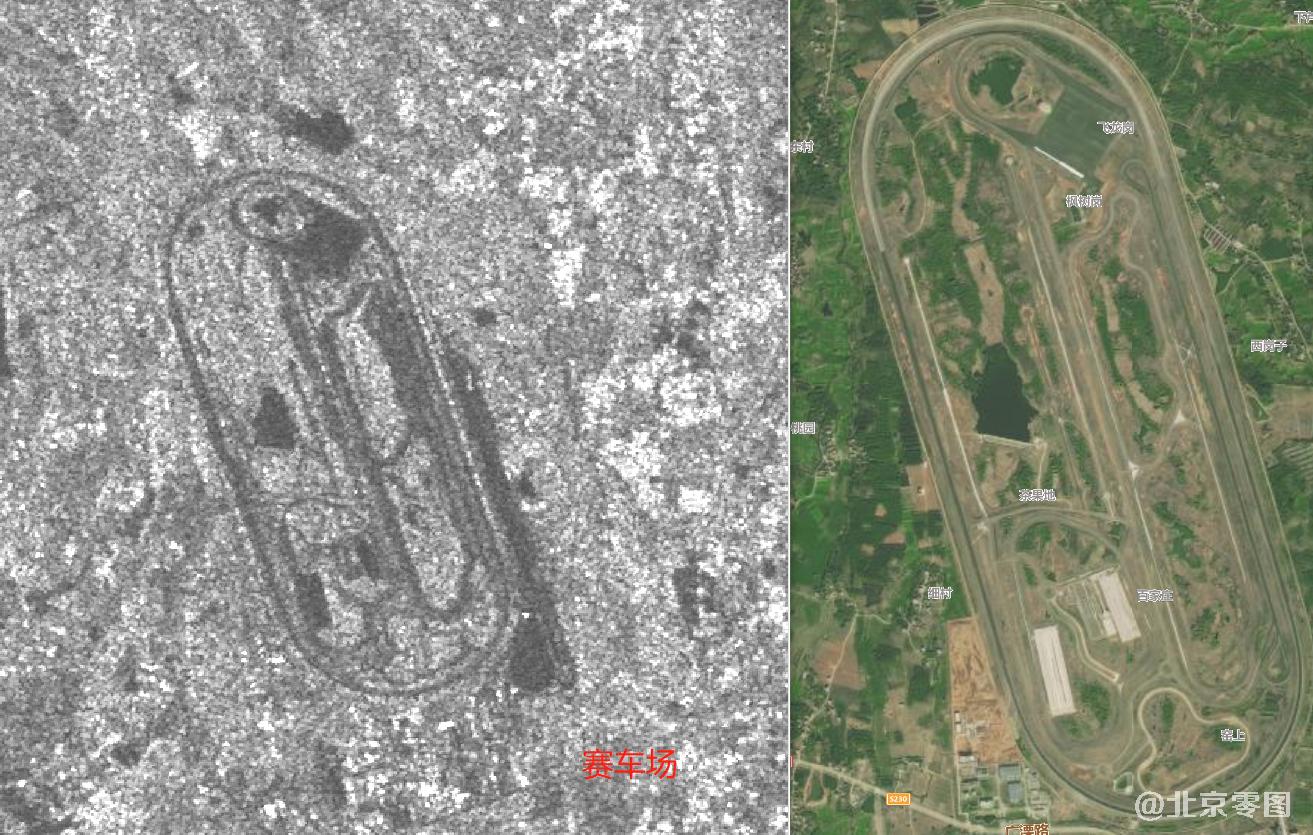 赛车场雷达影像图（左图为雷达影像，右图为遥感卫星影像）