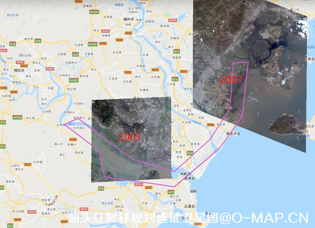 快鸟卫星2003年和2007年拍摄的广东省汕头市红树林历史卫星图