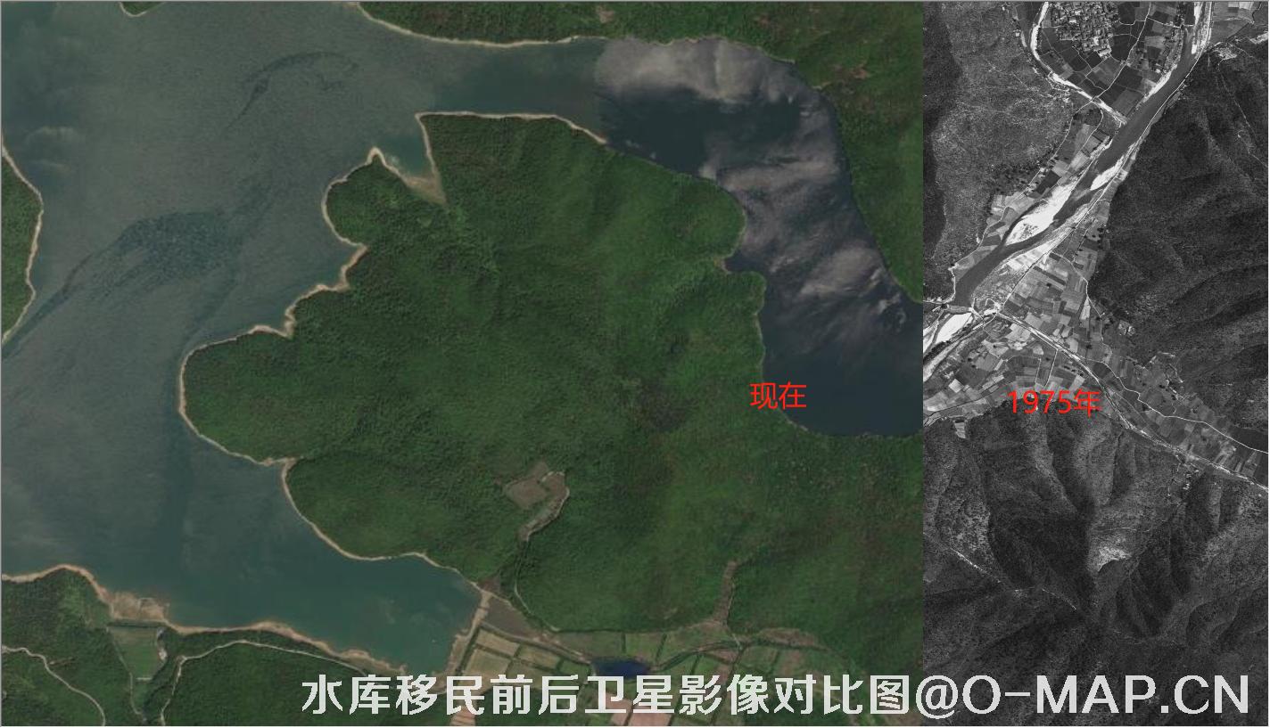 锁眼卫星拍摄的广东临海市上马水库移民前后对比图