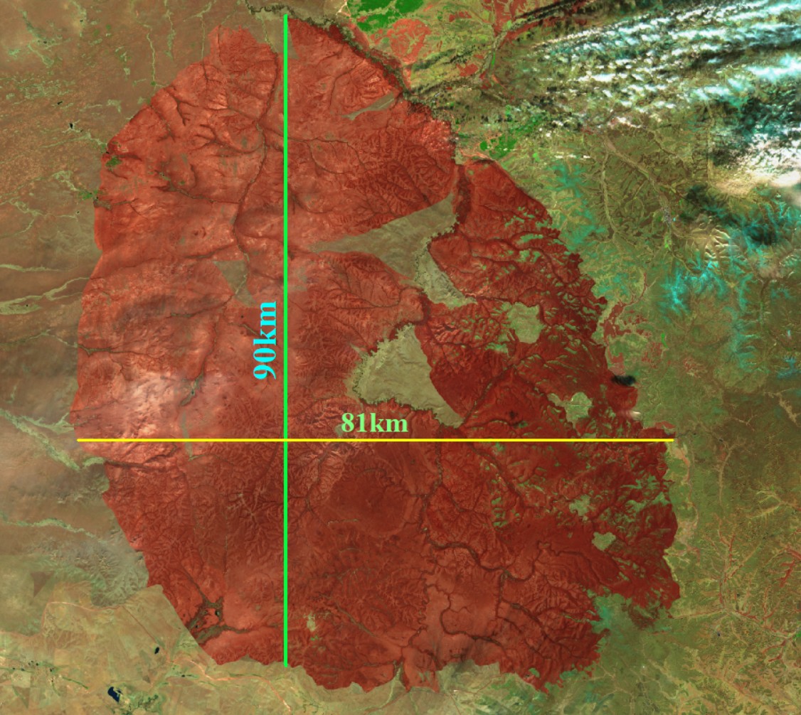 October 2026 satellite image of over 5500 sq km burned area of catastrophic grassland fire in Numrug Strictly Protected Area, Mongolia