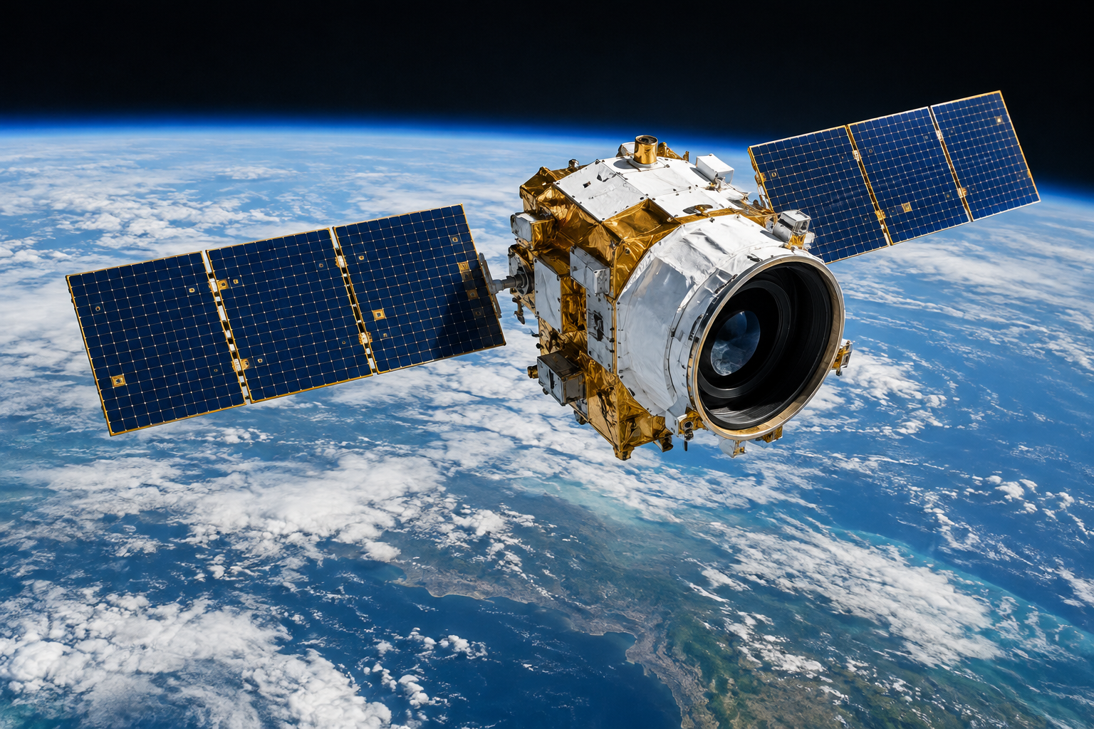 Commercial optical Earth-observation satellite with imaging telescope and solar arrays in orbit