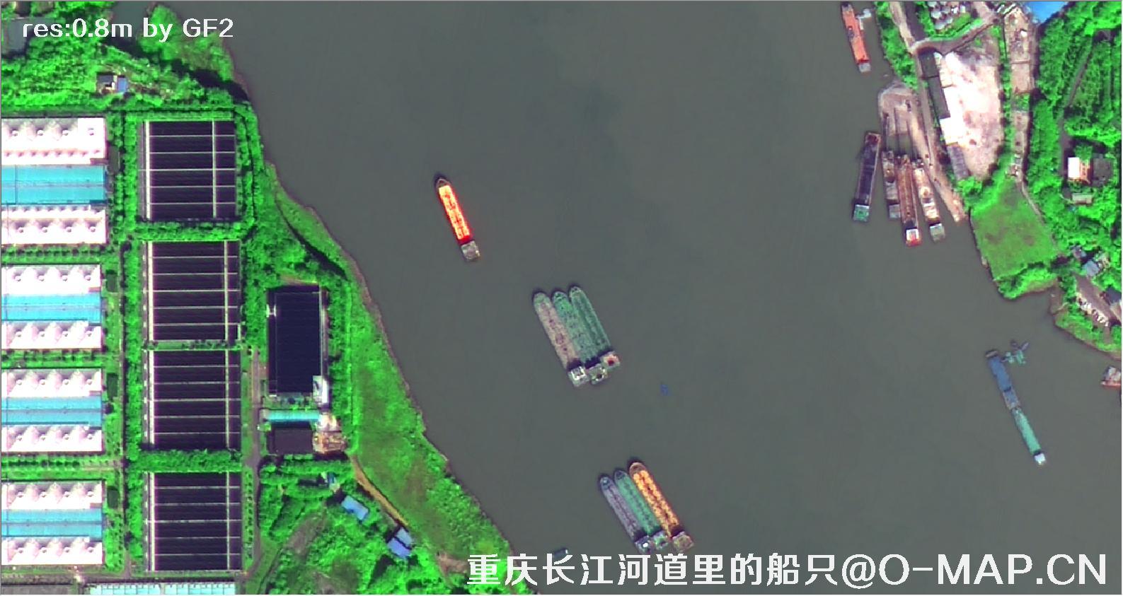 0.8米分辨率卫星拍摄的重庆市长江河道船只卫星图