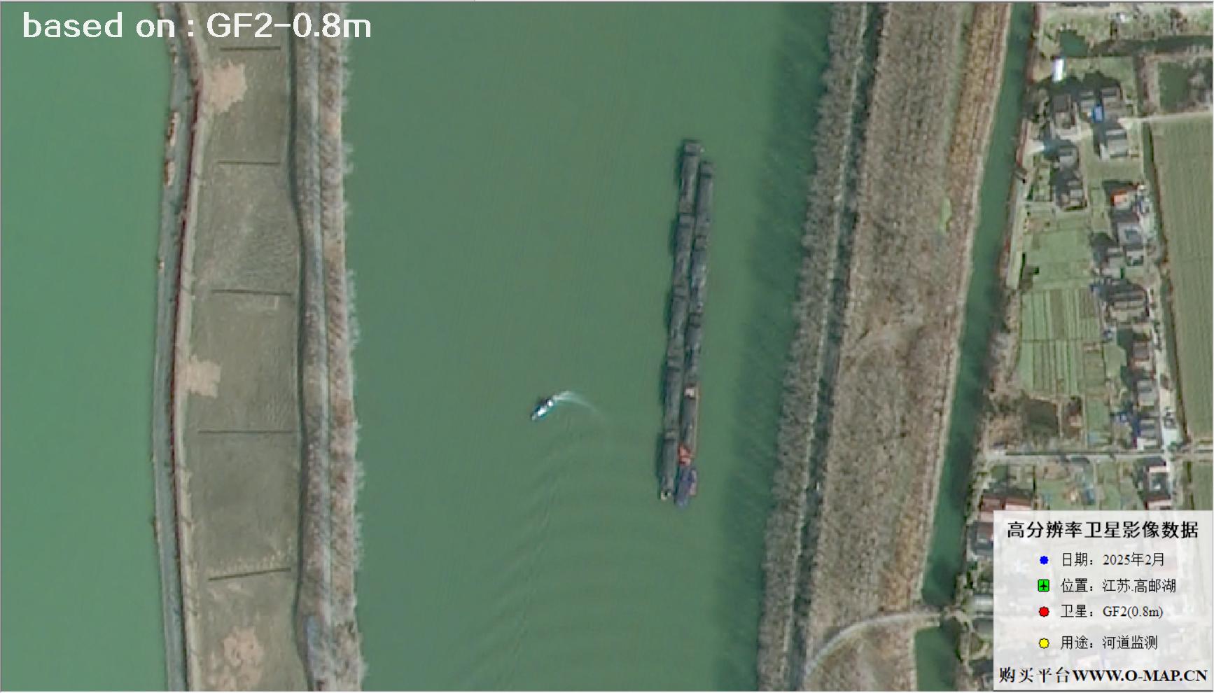 0.8米分辨率GF2卫星于2025年2月份拍摄的高邮湖河道卫星图像