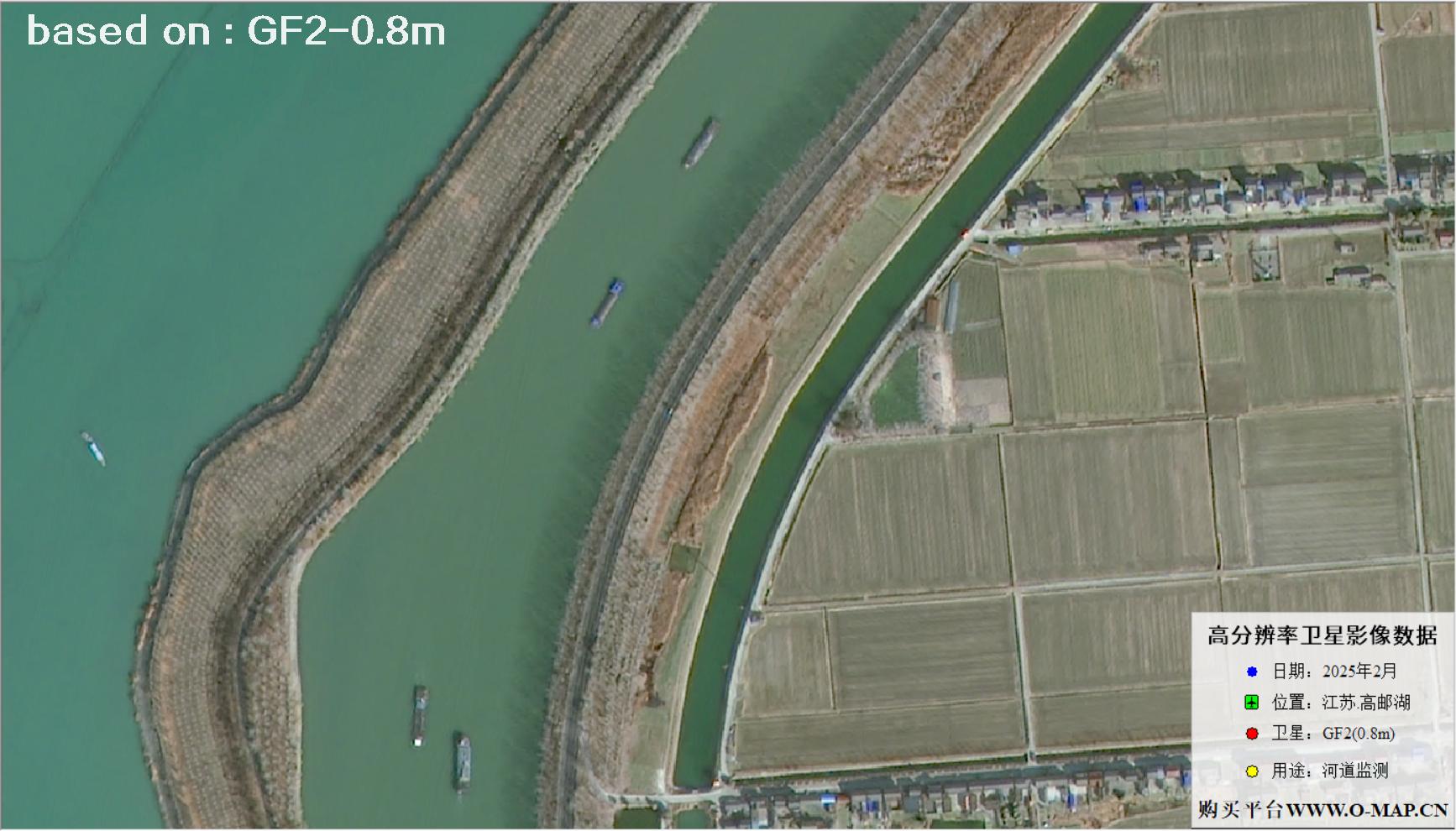 0.8米分辨率GF2卫星于2025年2月份拍摄的高邮湖河道卫星图像