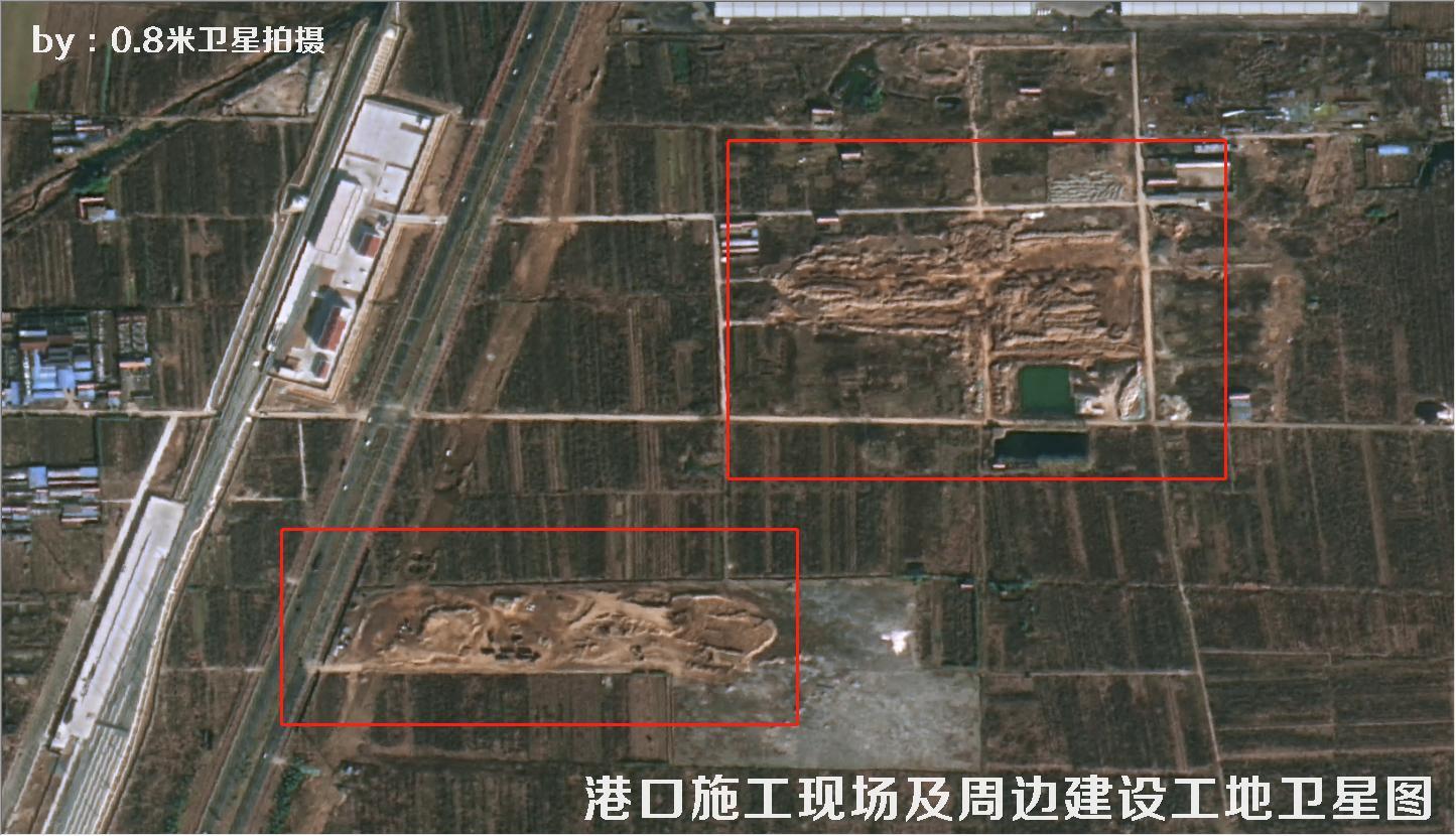 0.8米分辨率卫星拍摄的港口施工现场及周边建设工地卫星图