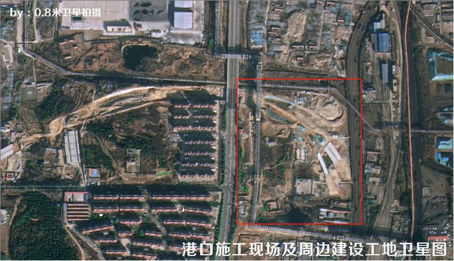0.8米分辨率卫星拍摄的港口施工现场及周边建设工地卫星图