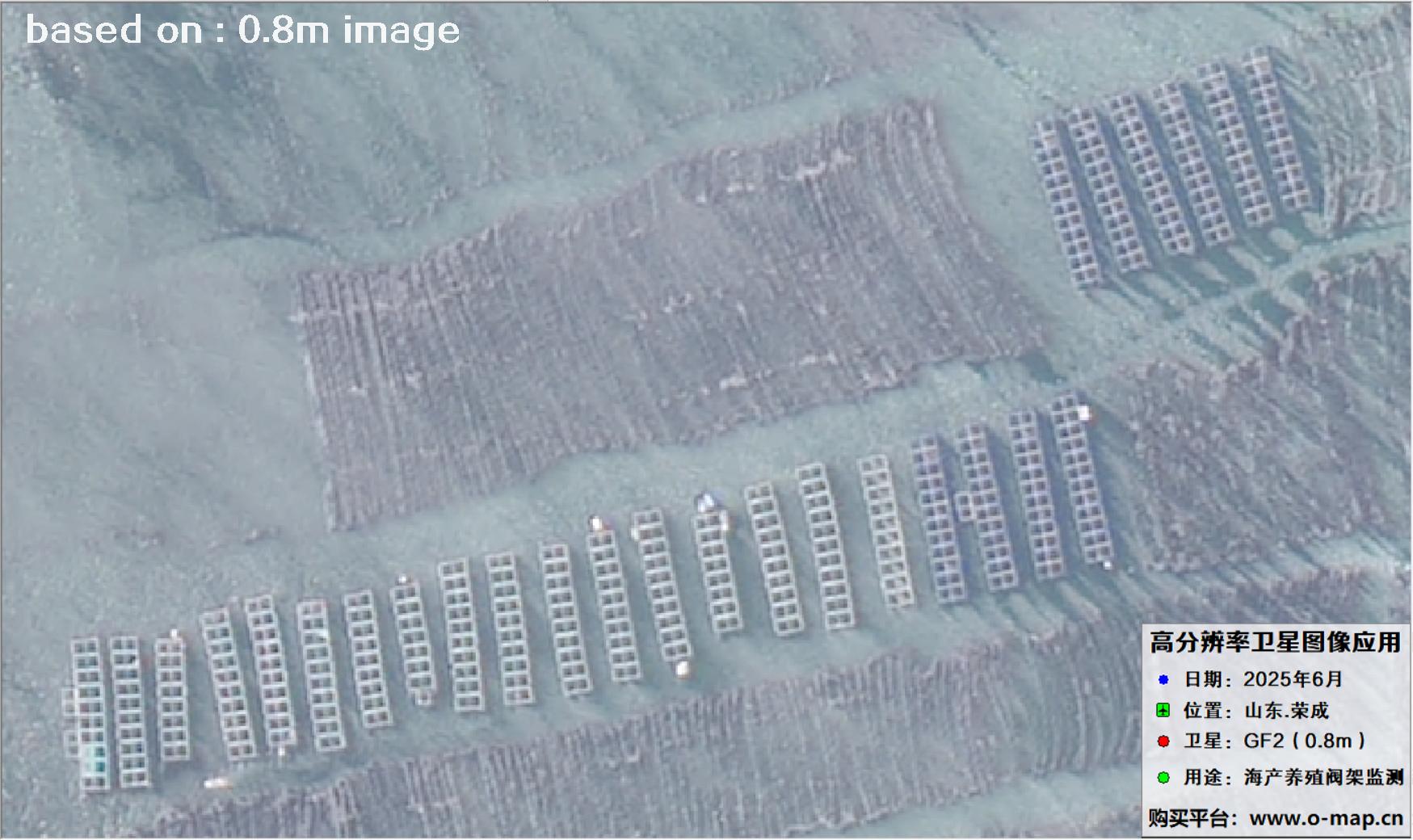 高分二号卫星2025年6月拍摄的山东省荣成市海产养殖卫星图像