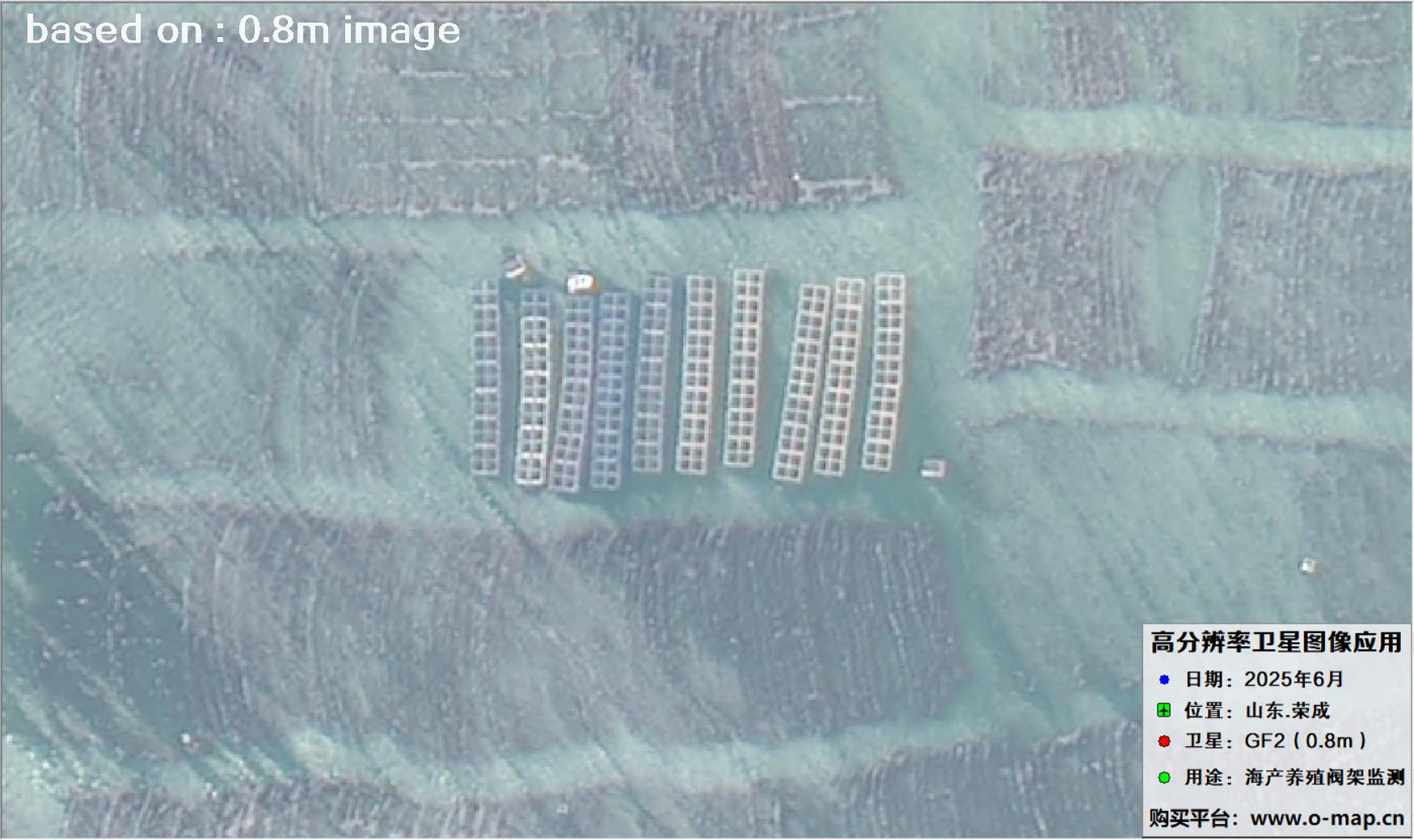 高分二号卫星2025年6月拍摄的山东省荣成市海产养殖卫星图像