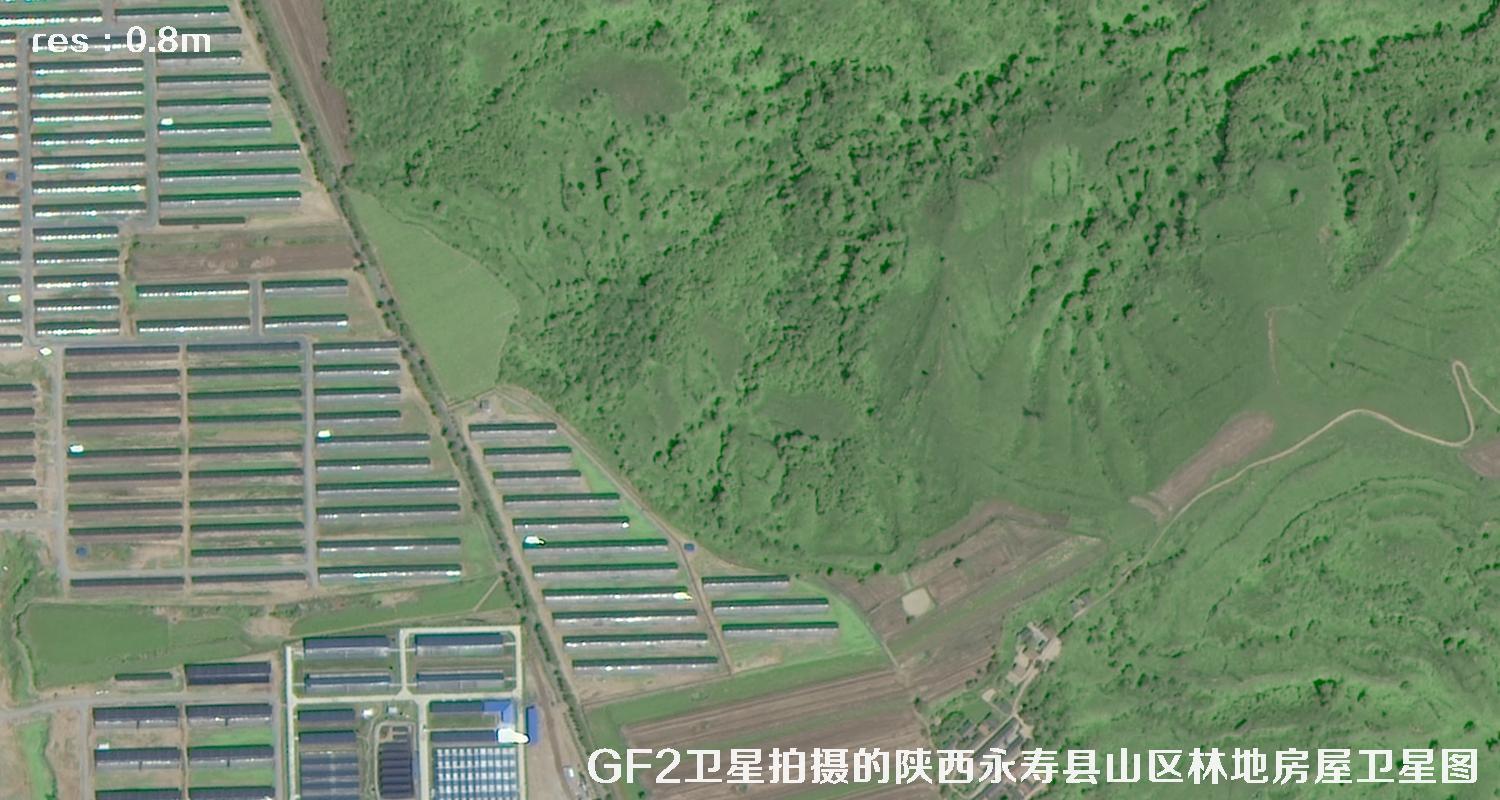 GF2卫星2017年拍摄的陕西省咸阳市永寿县山区树林和房屋卫星图