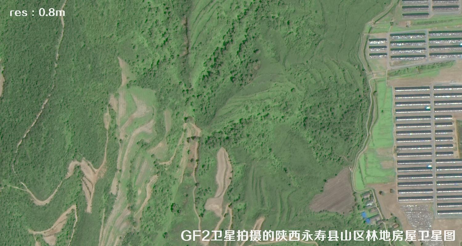 GF2卫星2017年拍摄的陕西省咸阳市永寿县山区树林和房屋卫星图