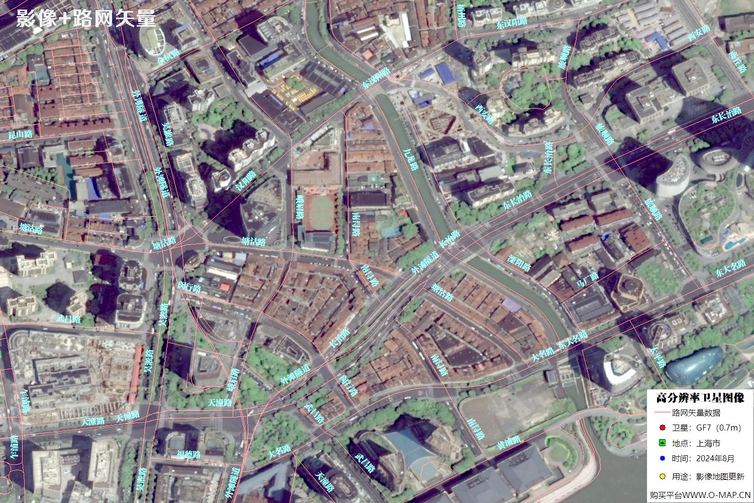 上海市路网数据和上海市2024年卫星图像叠加展示