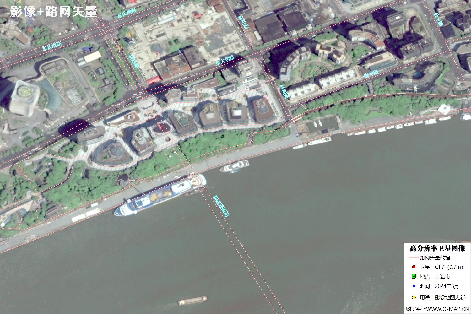 上海市路网数据和上海市2024年卫星图像叠加展示