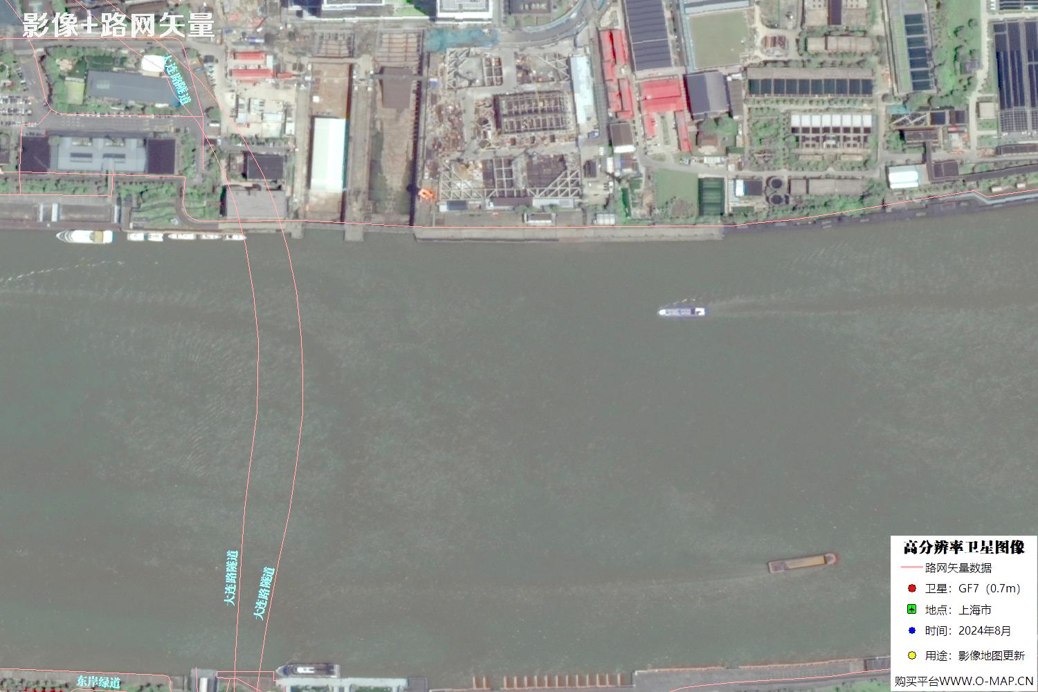 上海市路网数据和上海市2024年卫星图像叠加展示