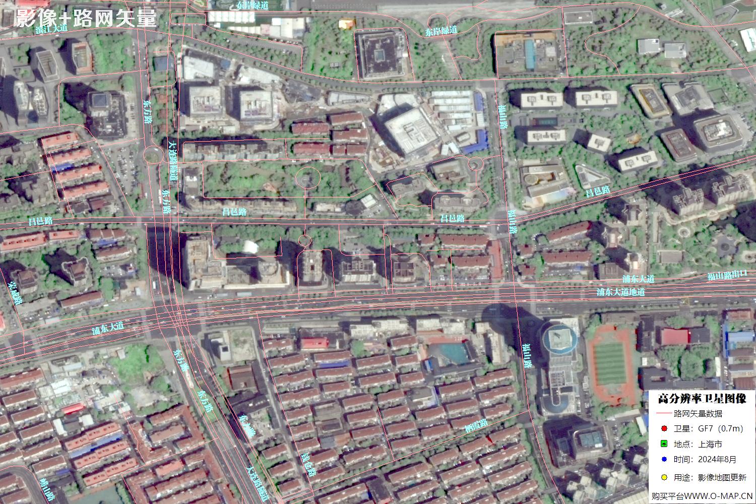上海市路网数据和上海市2024年卫星图像叠加展示