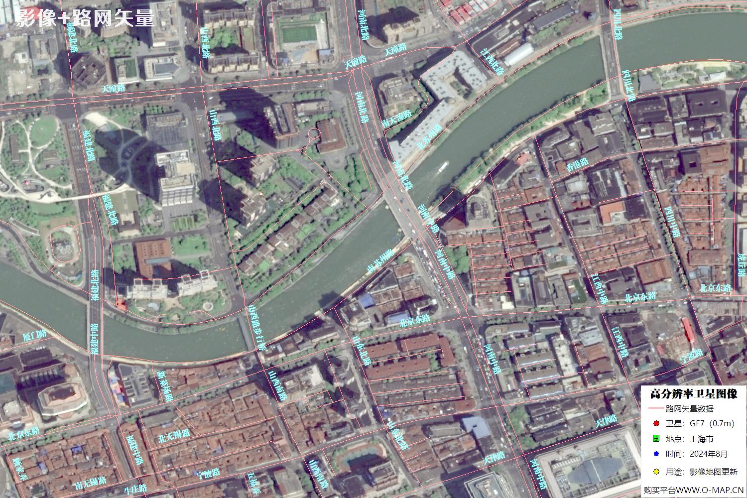 上海市路网数据和上海市2024年卫星图像叠加展示