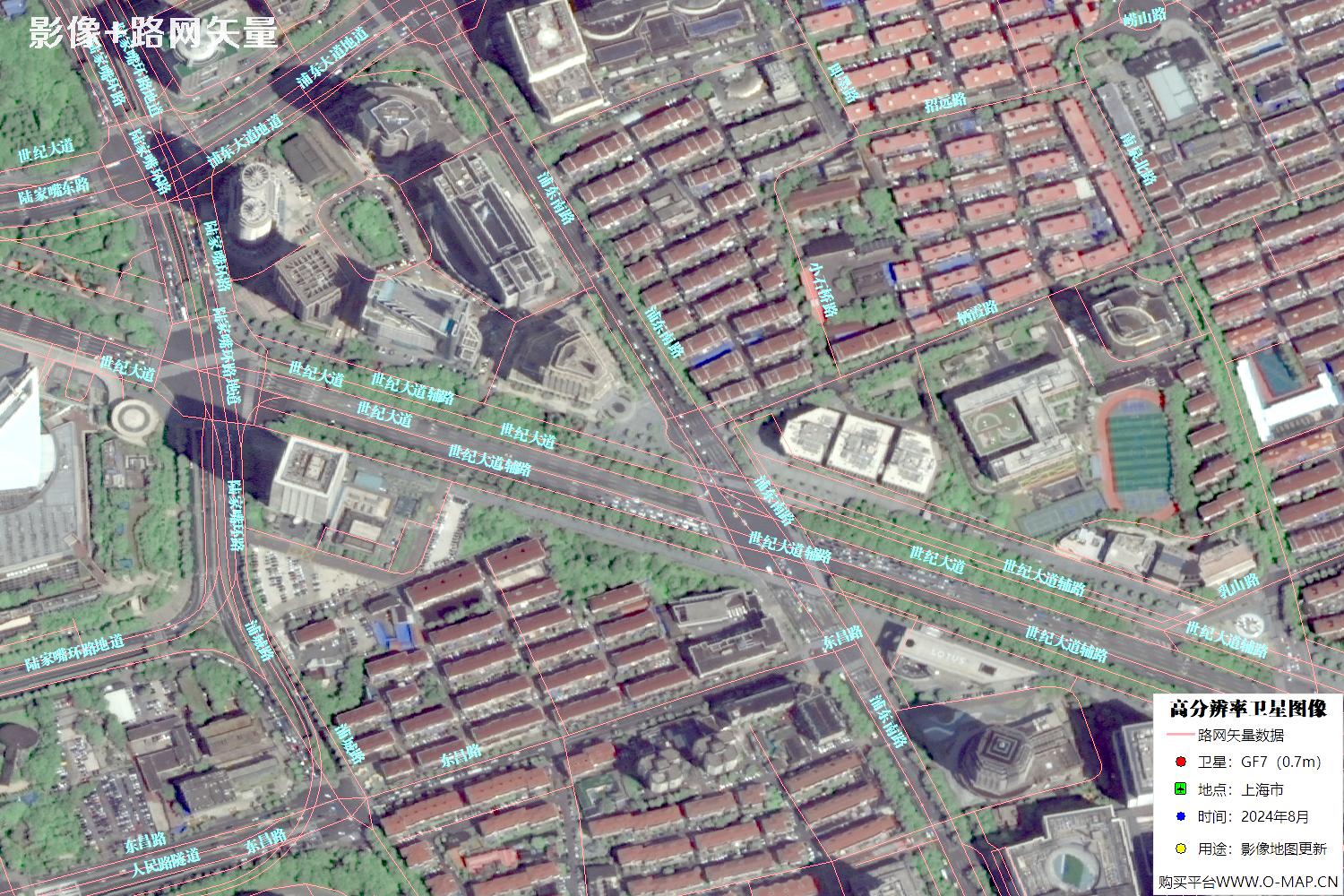 上海市路网数据和上海市2024年卫星图像叠加展示