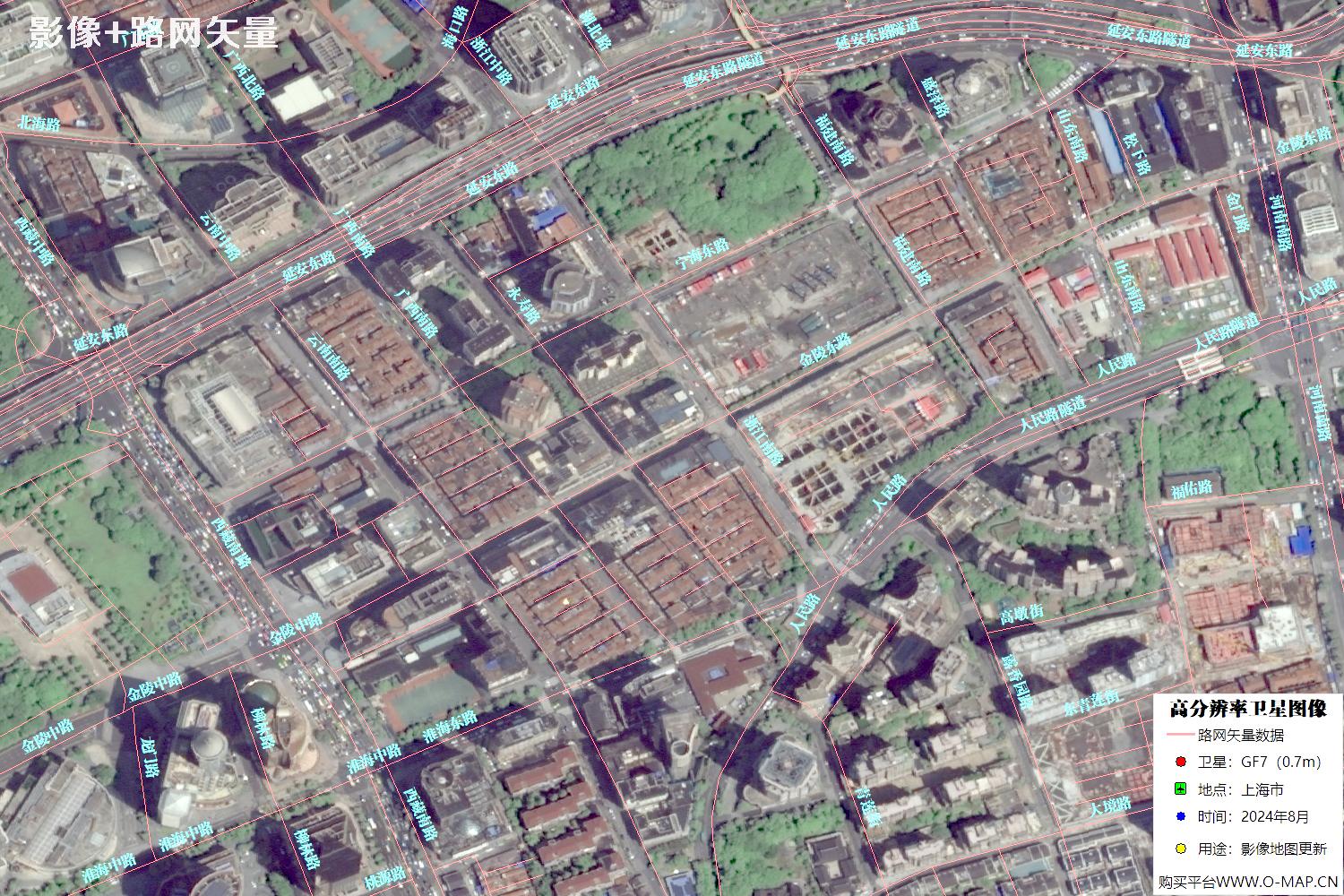 上海市路网数据和上海市2024年卫星图像叠加展示