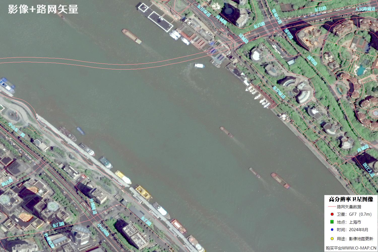上海市路网数据和上海市2024年卫星图像叠加展示