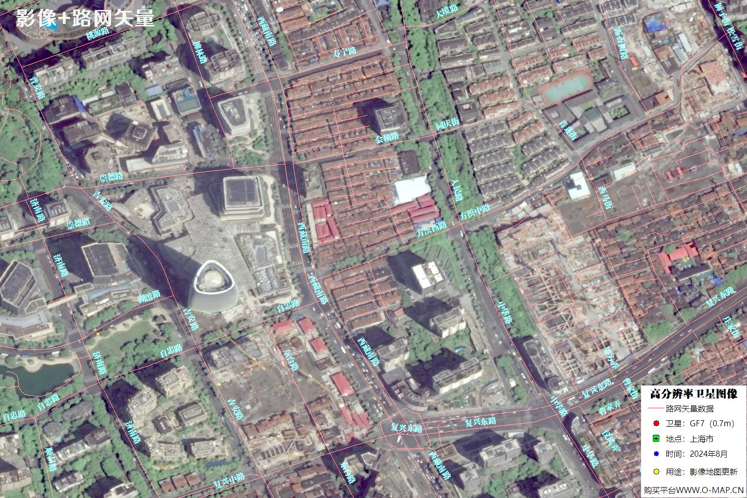 上海市路网数据和上海市2024年卫星图像叠加展示
