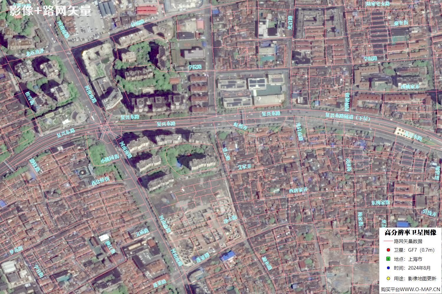 上海市路网数据和上海市2024年卫星图像叠加展示
